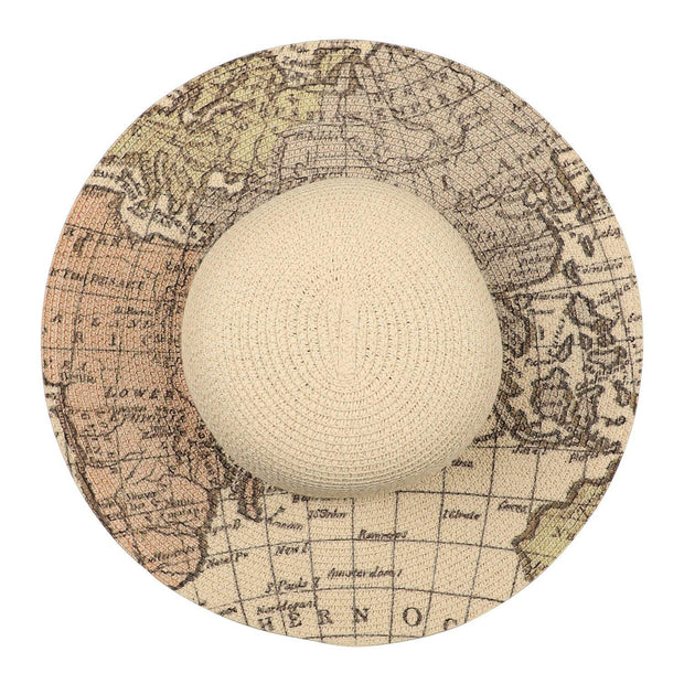 Earthabitats Fashion Sun Hat Map Print, straw hat with vintage world map print, be the most stylish traveler around